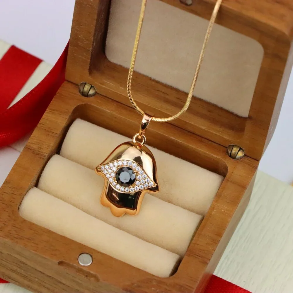 "Black Evil Eye Hamsa Pendant in Gold Plated Brass – Bold  Amulet, XPPT1756 - Picture 8 of 13
